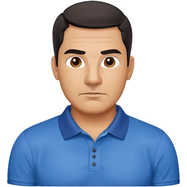 Strong built middle-aged Hispanic man with tan complexion, square masculine face with defined jawline, short black hair with clean fade cut, medium dark brown eyes, thick eyebrows, wide nose, neutral expression, wearing blue polo shirt emoji