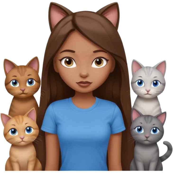 a pretty bratz dusky girl with long brown hair, blue eyes with six cats nd wearing a grey tshirt emoji