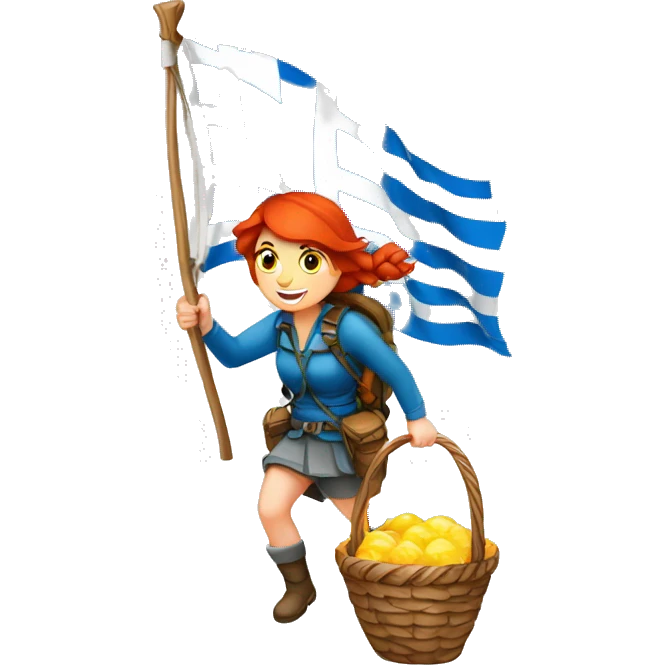 red hair female winter mountaineer climbing Easter basket and Greek flag emoji