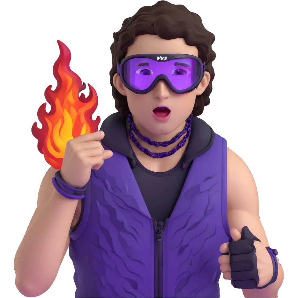 close-up of bad guy male athlete with white skin and moderately curly dark brown hair on top with shaved sides, wearing ski goggles with purple frames and very dark black lenses, a simple plain black chain necklace, and a completely unzipped sleeveless vest with purple and black sequin fire pattern design with no logo, pulling his tongue out very far in an exaggerated mocking gesture, looking menacing and villainous emoji