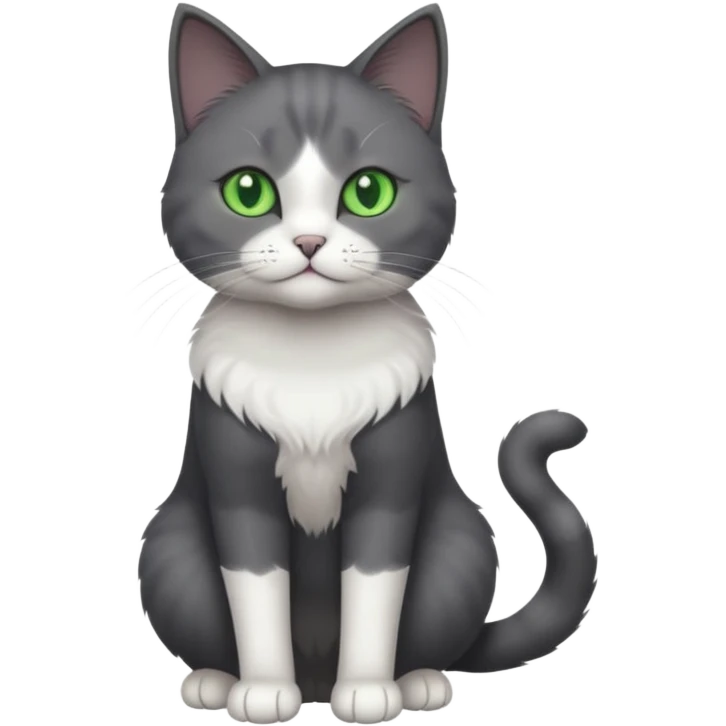 full body view of beautiful female solid dark grey cat with green eyes, white toes/paws and white patch on her chest emoji