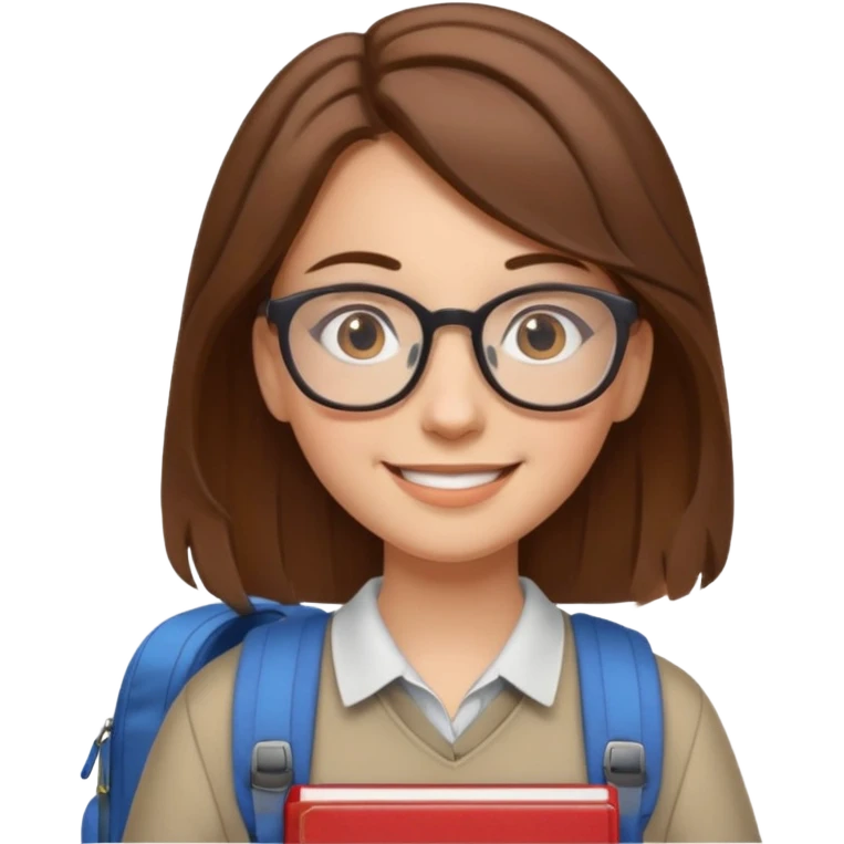 brown hair woman going to university wearing a glasses, looks pretty emoji