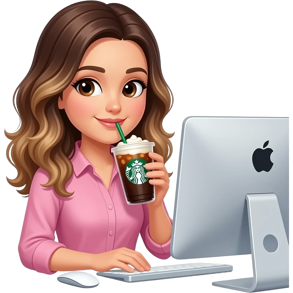 Woman drinking iced  cold brew cold foam from Starbucksj coffee in Apple computer, balayage hair,  long hair. Dark Brown eyes , round face, pink shirt cute emoji