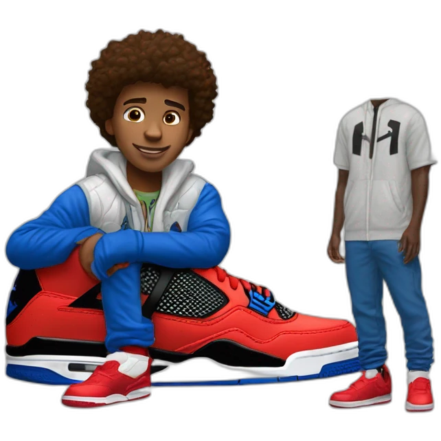 Boy waring spider man jacket and waring white jordan 4 emoji