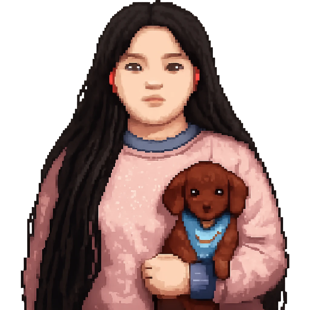 Make the woman's hair much darker and longer, reaching waist length, and increase her weight for a fuller figure, in pixel art style, with no background. emoji