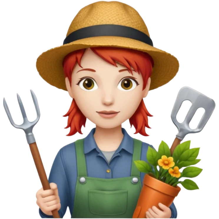 red hair gardener holding gardening tools, with hat emoji