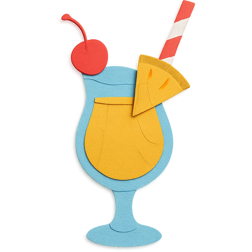 pina colada glass with a cherry, pineapple wedge, and paper straw, vibrant colors in paper-craft style emoji