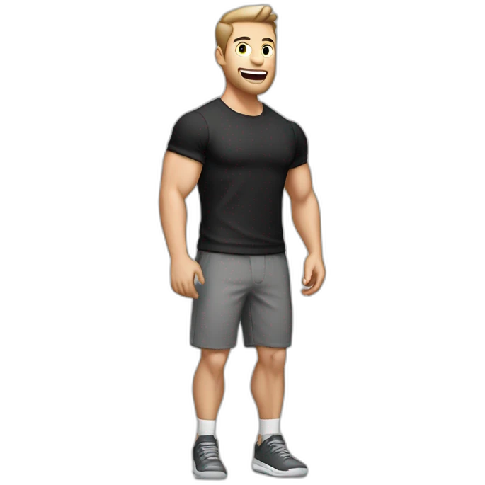 amazed Open with surprise mouth Pale skinned Fit Man With the biceps and dark brown hair in black shirt, gray sports shorts and white Sneakers emoji