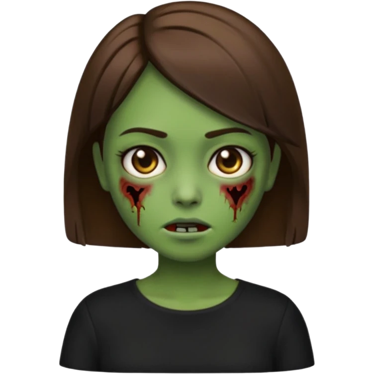 Zombie girl emoji verde um pouco escuro com cabelo curto liso castanho no ombro com uma blusa preta emoji
