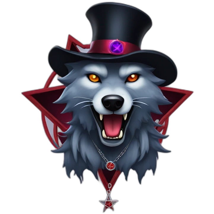 demonic wolf with a pentagram top hat and a pentagram chain with a haunting night background emoji