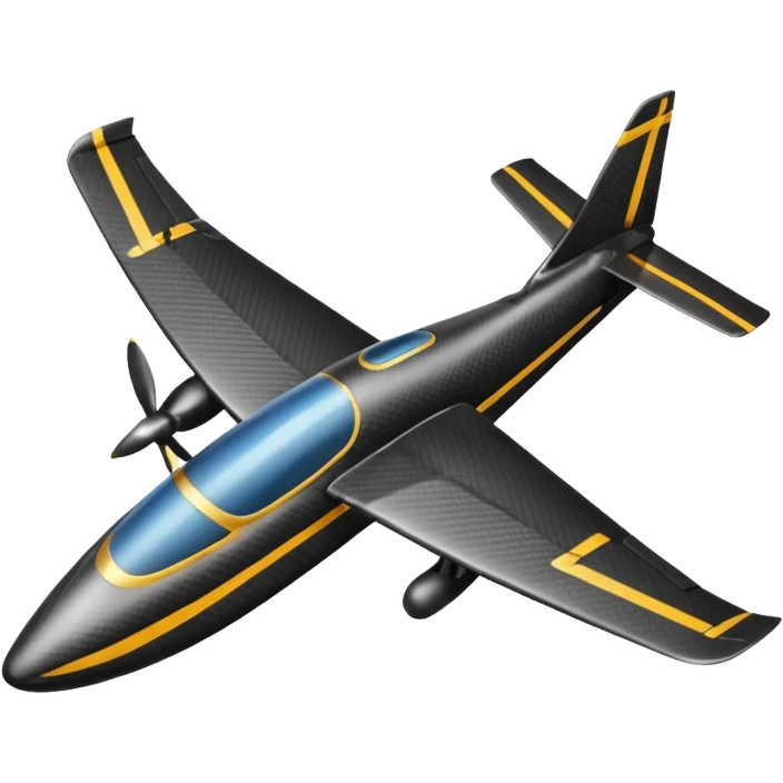 Emoji of a black rc plane. The design is a long thin carbon fiber spar in the longitudinal axe. At the head of the plane, a black carbon fiber long prism where the wings start from. The wings are completely rectangular. The tail is V-shaped emoji