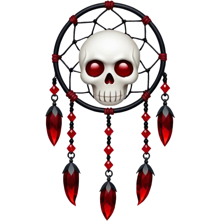 Blood-red, bloody, obsidian-black, edgy, dream catcher, red gemstones, black wires, black threads, tiny white skull, emoji