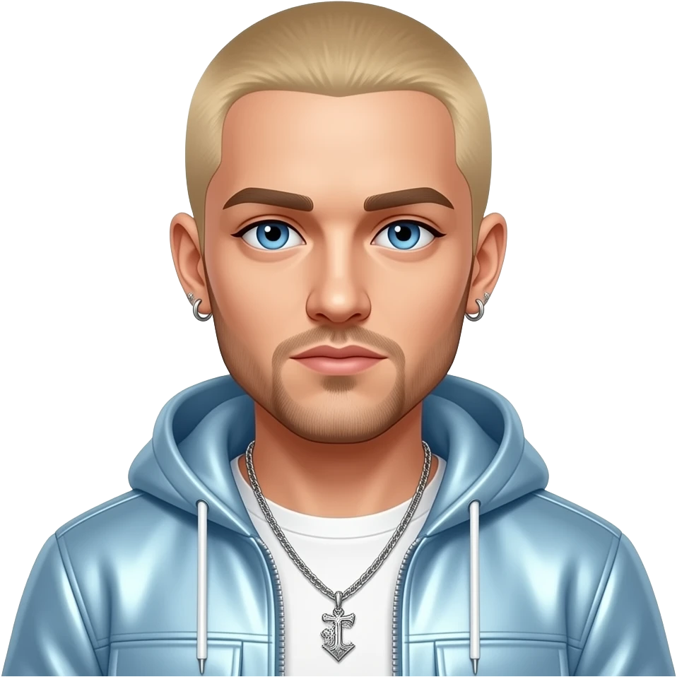 Eminem with blue eyes, blonde buzz cut hair, light blue metallic hip-hop outfit, necklace and earrings emoji
