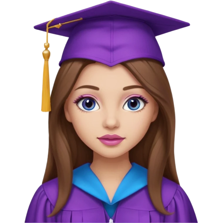 girl with gorgeous long brown hair, blue eyes, long lashes makeup, sexy pink lips, wearing a purple graduation cap and gown emoji
