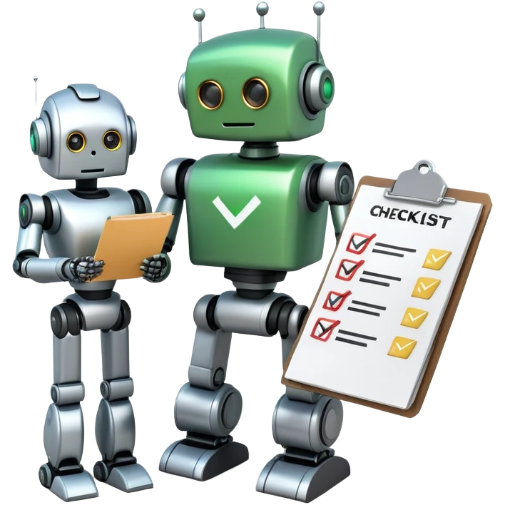 robot checking another robot's work with a checklist and a green checkbox emoji