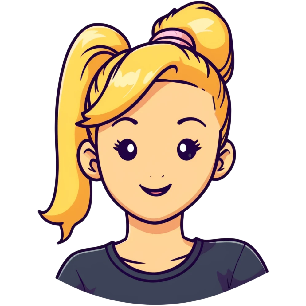 blonde girl with high pony tail hair, winking emoji