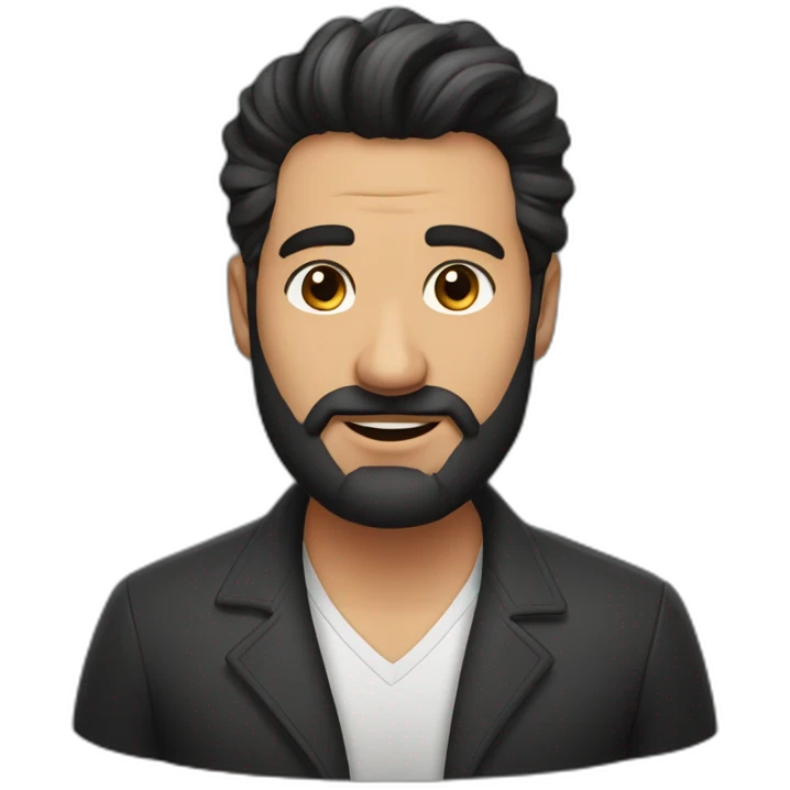 Hombre moreno de 45 años, peinado de lado, cabello negro, gordito emoji