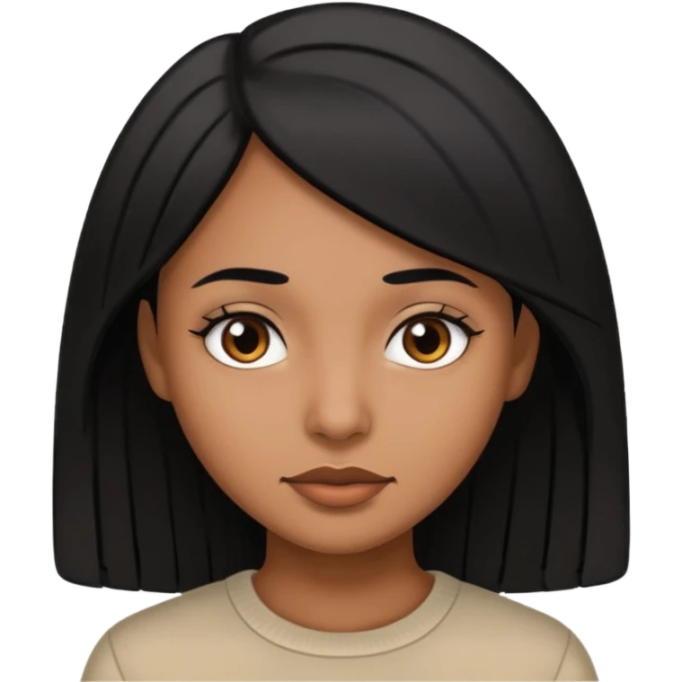 mulher morena de pele marrom, cabelos pretos lisos, expressão neutra emoji