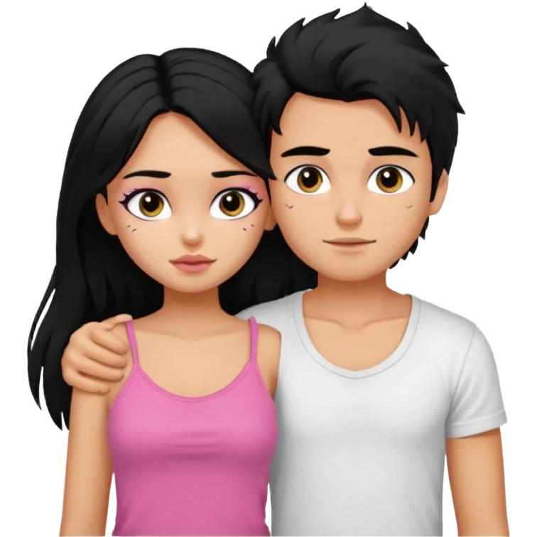 generate a pretty tan bratz boy with messy black hair wearing a white tshirt. Hugging a fair girl with long black hair, eyeliner, wearing a pink cami.  emoji