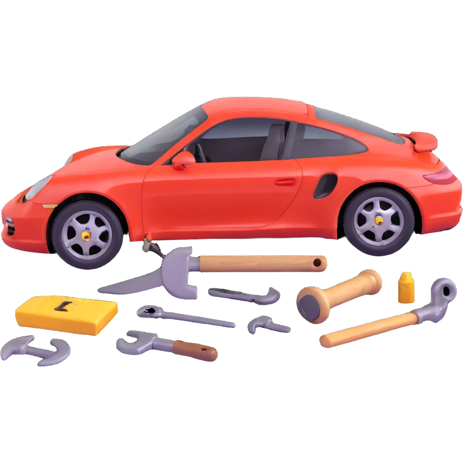 icon of a Porsche luxury car with a clearly visible dent or damage on the bodywork, with bodywork reconstruction tools like a lever, small hammer, and repair equipment positioned to show active repair, elegant and modern emoji