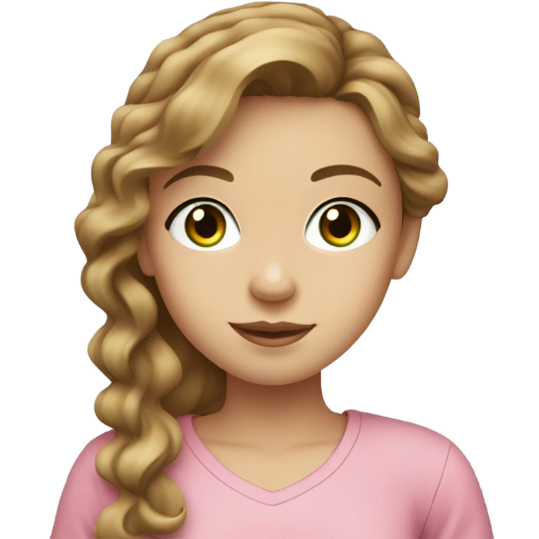 girl with wavy light brown hair, pale to tan skin and green eyes full lips. pink top showing peace sign emoji