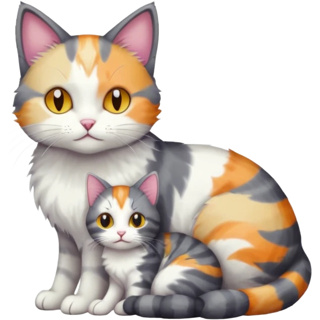 full body dark grey and white cat cuddling a colourful light patched calico + white tabby cat  emoji