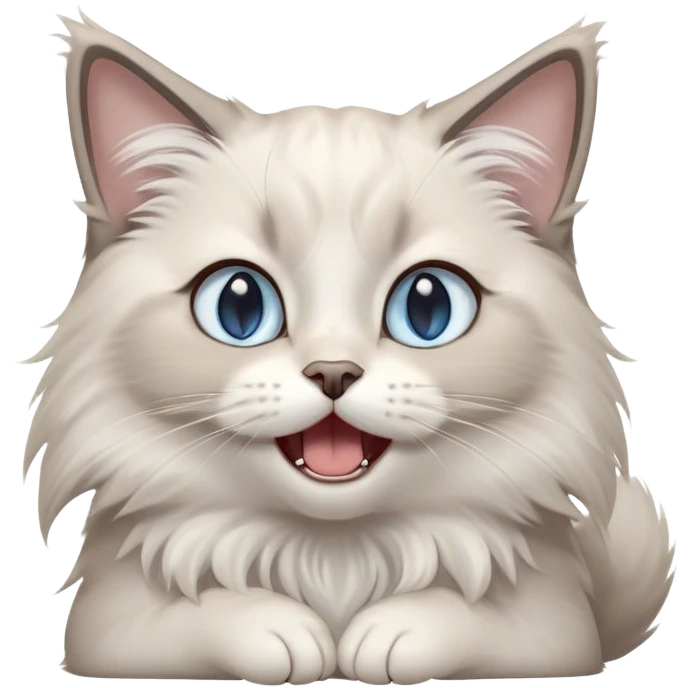 Cinematic Adorable Fluffy Light Grey Mantle Ragdoll Cat Portrait Emoji, Head tilted cutely with big, sparkling blue eyes, soft light grey fur with darker points on the ears, face, and paws, Simplified yet irresistibly adorable features, highly detailed, glowing with a soft, warm glow, high shine, yawning in a peaceful and playful manner, stylized with a touch of whimsy, bright and endearing, soft glowing outline, capturing the essence of a relaxed and loving kitten, so cute it feels like it could leap out of the screen and stretch into a cozy nap! emoji