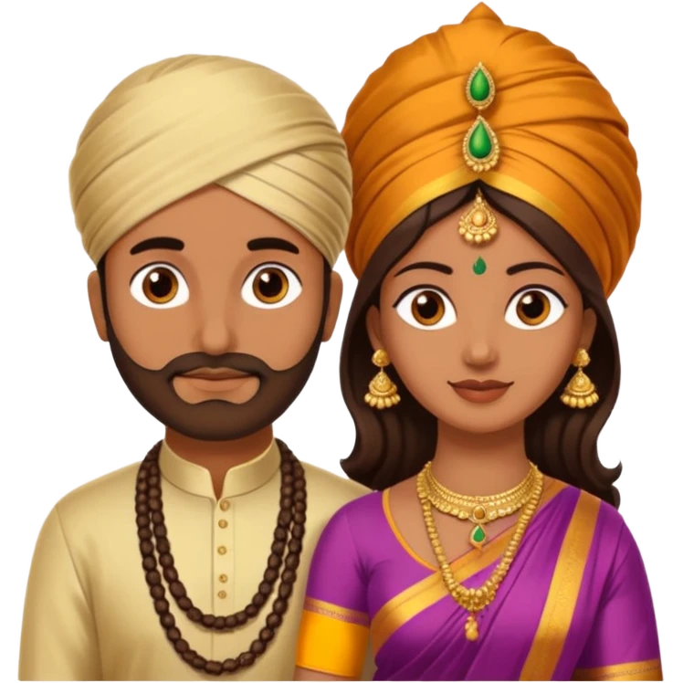 Brown colored South Indian Husband with wheatish colored South Indian wife where Husband does not wear a turban and wife wears a Silk Saree emoji