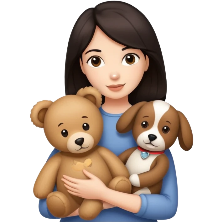 Woman with dark hair holding a teddy bear and pets emoji