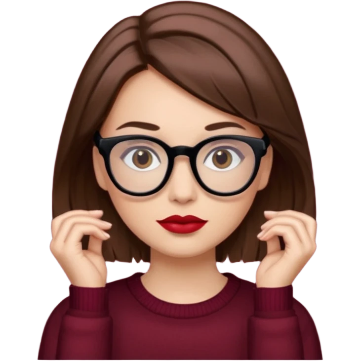 părul carre, șaten, ochii căprui, buzele roșii, ochelarii cu ramă neagră și pulover bordo emoji