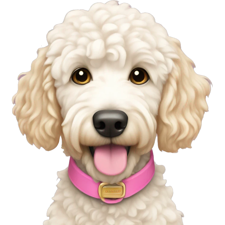white and cream golden doodle with pink collar emoji