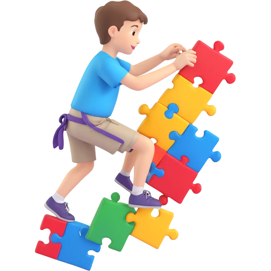 a boy climbing like a monkey, wearing a shirt with autism awareness puzzle piece, happy and comfortable emoji