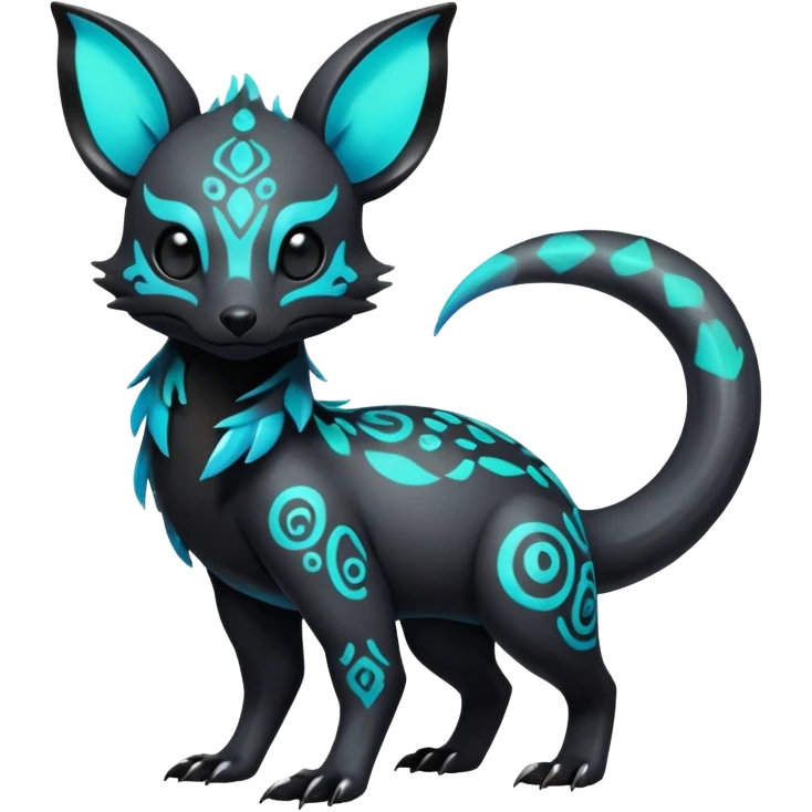 Rare futuristic bioluminescent iridescent neon glowingexotic cute epic aesthetic gothic colorful Salandit-Eevee-Trico-Civet-species-Fakemon-hybrid-creature, with intricate tattoo markings, full body emoji