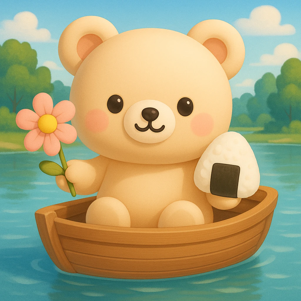A cute bear in a wooden boat holding a flower and a rice ball with a background. emoji