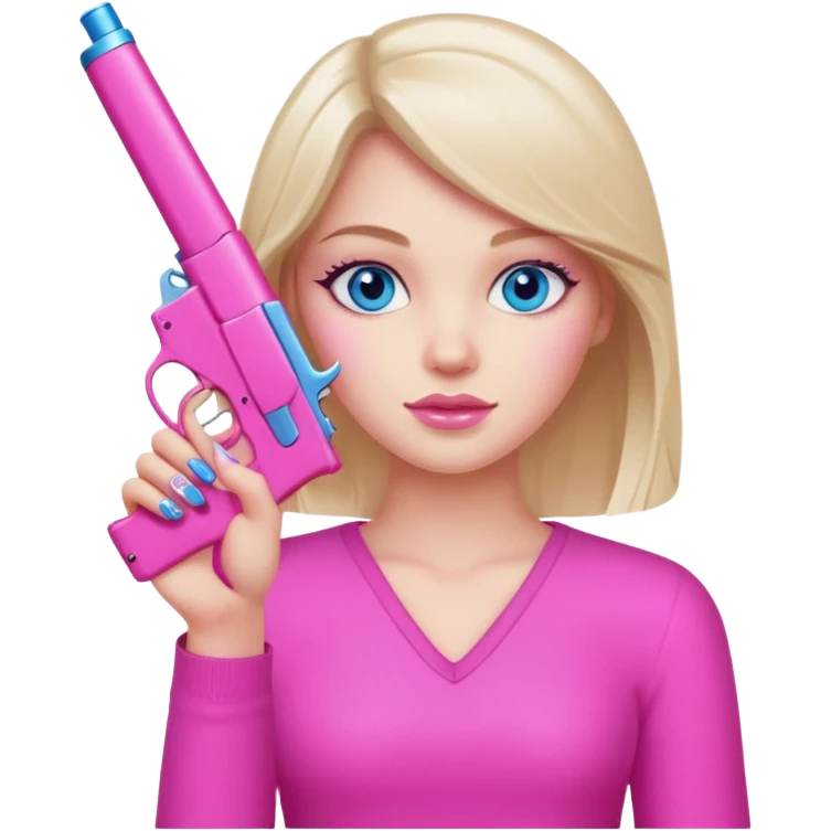 White Girl hand pink nails holding pink gun with blue eyes emoji