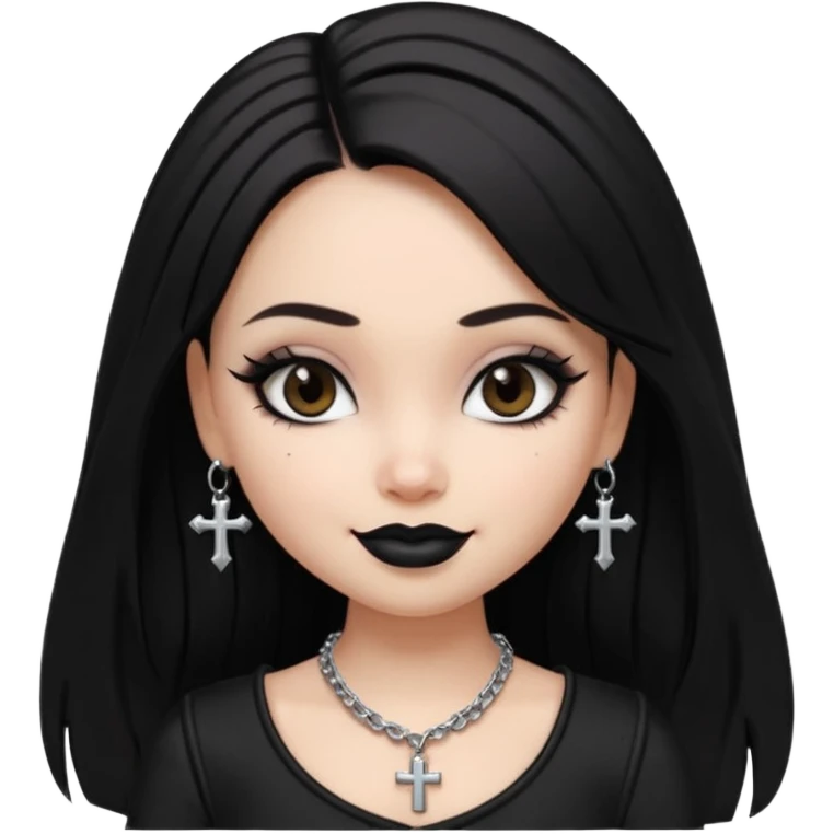 generate a pretty bratz girl in black goth top, black lipstick, black eyeliner, dark brown eyes. Dark brown hair straight long. wearing a silver cross necklace emoji