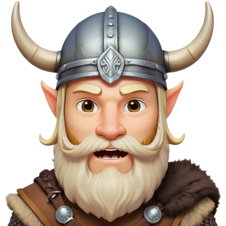 Clash of Clans aesthetic: Cinematic Comical Viking Portrait Emoji, Head tilted dramatically with an exaggerated, fun expression and wide, comically expressive eyes, featuring a rugged yet cartoonish build with a quirky Viking helmet with oversized horns and a playful beard, his face rendered in natural skin tone, Simplified yet hilariously expressive features, highly detailed, glowing with a slightly sassy, vibrant radiance, high shine, dramatic yet playful, stylized with an air of cheeky Nordic mischief, soft glowing outline, capturing the essence of a meme-worthy Viking bringing humor to epic adventures! emoji