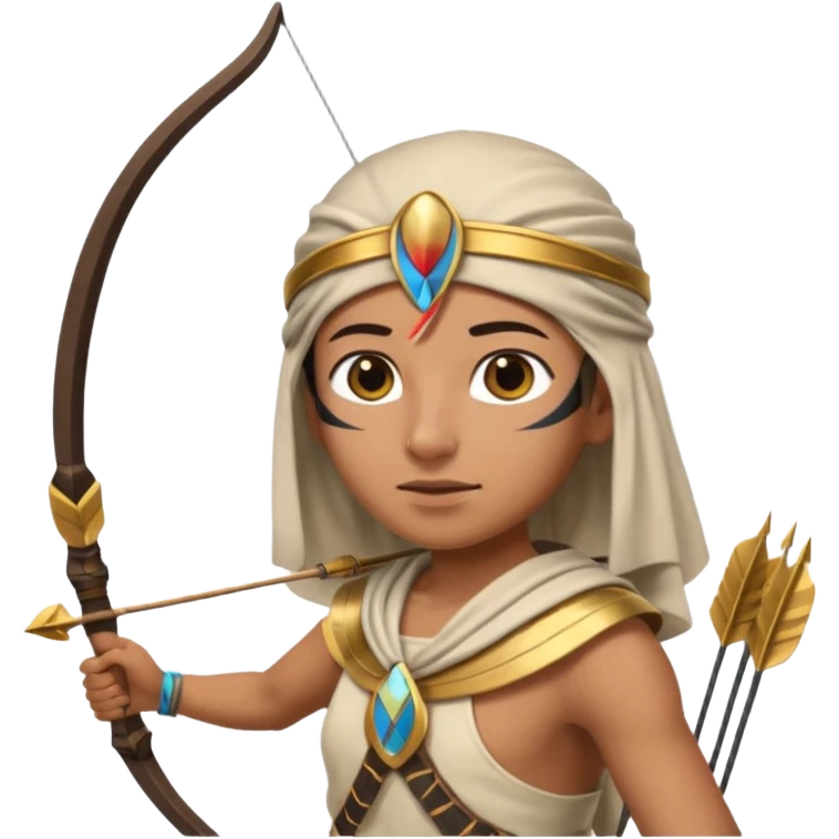 Emoji portrait of an Egyptian archer. Headcloth, bow and arrow, focused expression. emoji