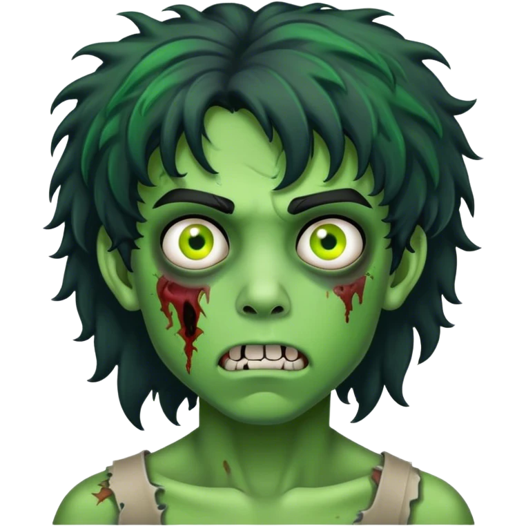 boy zombie with black curly hair mullet with green skin emoji