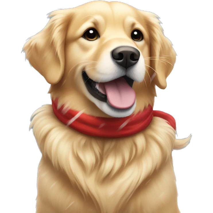 Golden retriever playing in the snow wearing Santa hat emoji