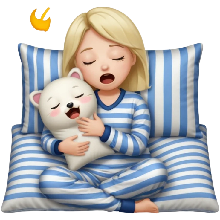 {
      "type": "human",
      "look": "girl in striped pyjamas, yawning, holding pillow",
      "description": "a sleepy girl in striped pyjamas yawning while holding a pillow"
    } emoji