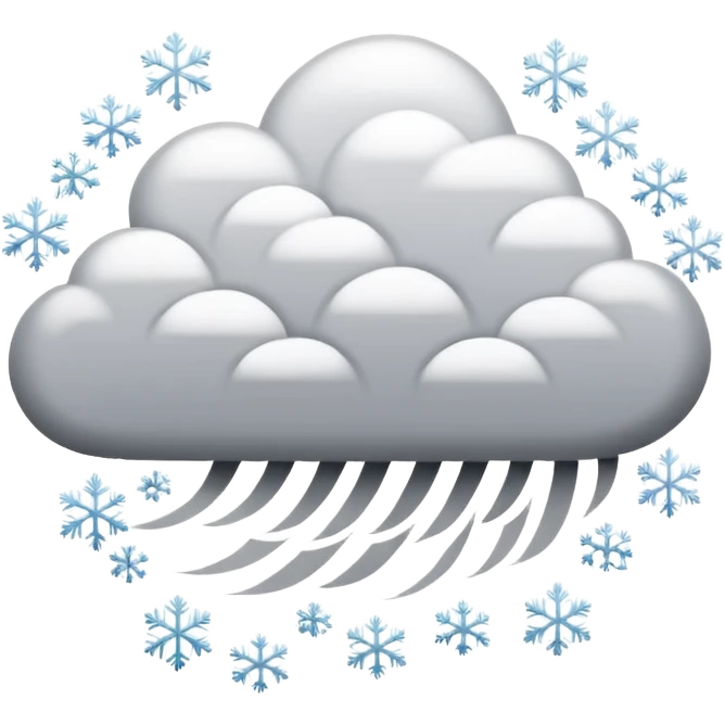 A powerful blizzard emoji icon: storm cloud with heavy swirling snow, strong wind lines, flying snowflakes, dynamic motion. White and gray tones, bold but simple shapes. emoji