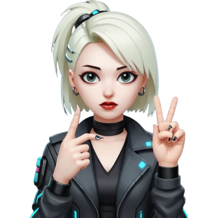 Woman with her tongue out in cyberpunk clothing and giving the middle finger. Looking naughty. emoji