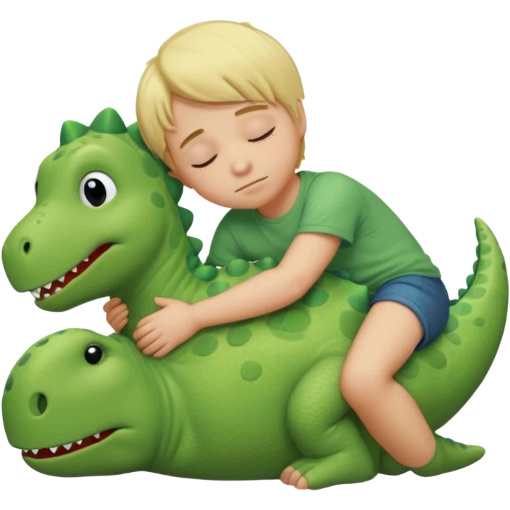 Blond boy sleeping with green pillow with dinosaur emoji