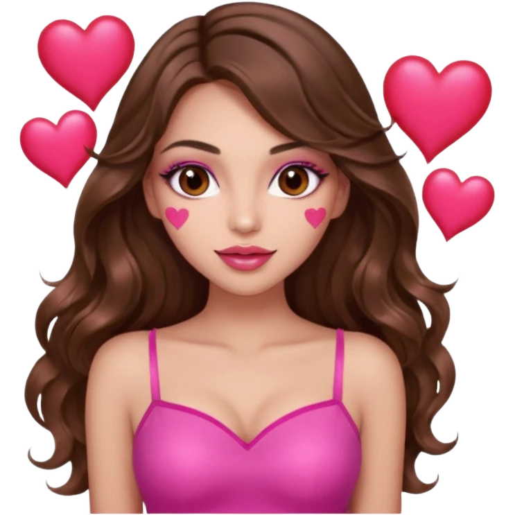 girl with long wavy brown hair, brown eyes, long lashes makeup, sexy pink lips, light to medium complexion, wearing a pink sexy top, many  hearts in hand emoji