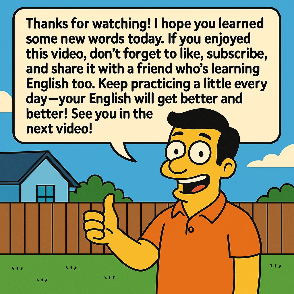 Thanks for watching! I hope you learned some new words today. If you enjoyed this video, don’t forget to like, subscribe, and share it with a friend who’s learning English too. Keep practicing a little every day — your English will get better and better! See you in the next video! Male on picture emoji