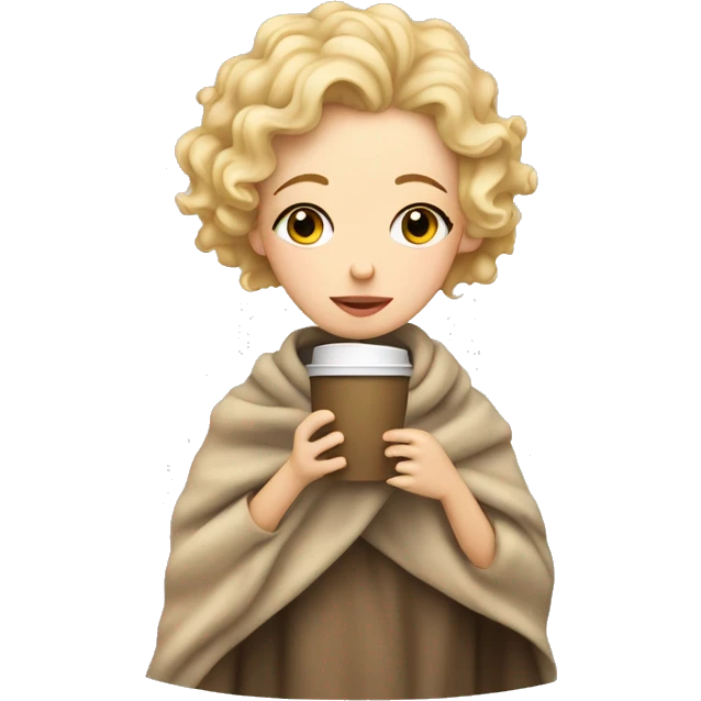 Blonde short hair curly girl inside a blanket sipping coffee eyes closed emoji