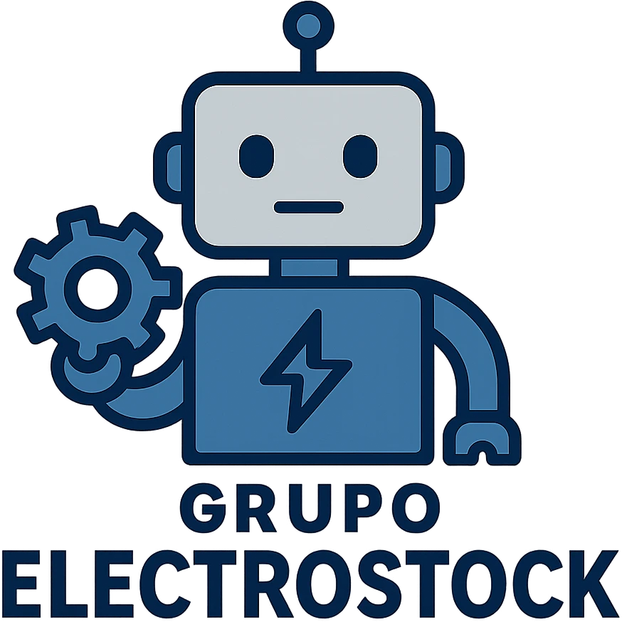 logo for Grupo Electrostock, bold geometric shapes, blue and gray, minimal, tech-inspired, strong presence emoji