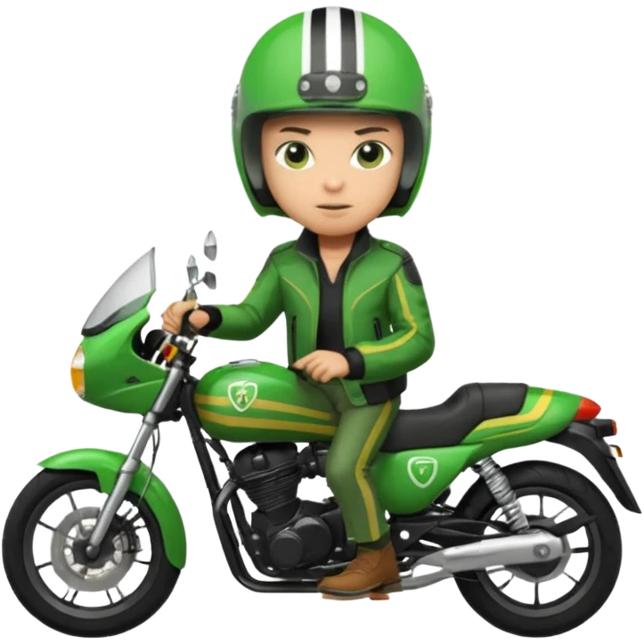 ojek online driver, using motorbike, the helmet is green. green jacket, not green motorbike (maybe a black jacket with green stripes just a little) then please make the driver not looking at "camera",  emoji