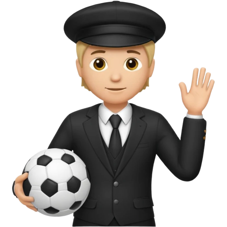 Director tecnico de futbol, con un traje negro, gorra y un balon de futbol bajo el brazo emoji